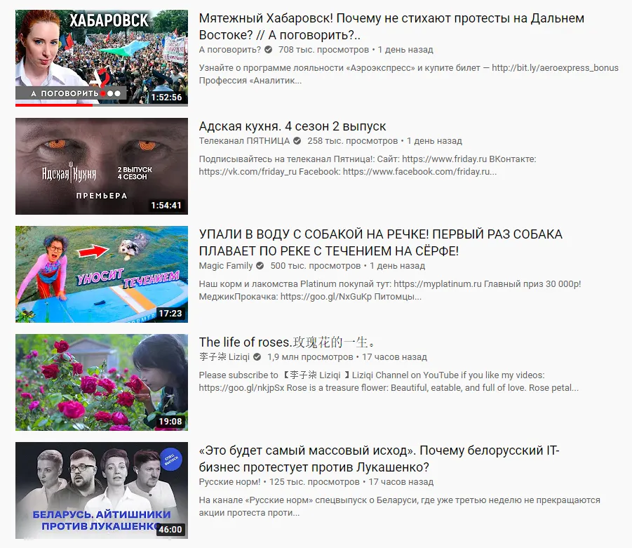В трендах YouTube попадают самые разные темы